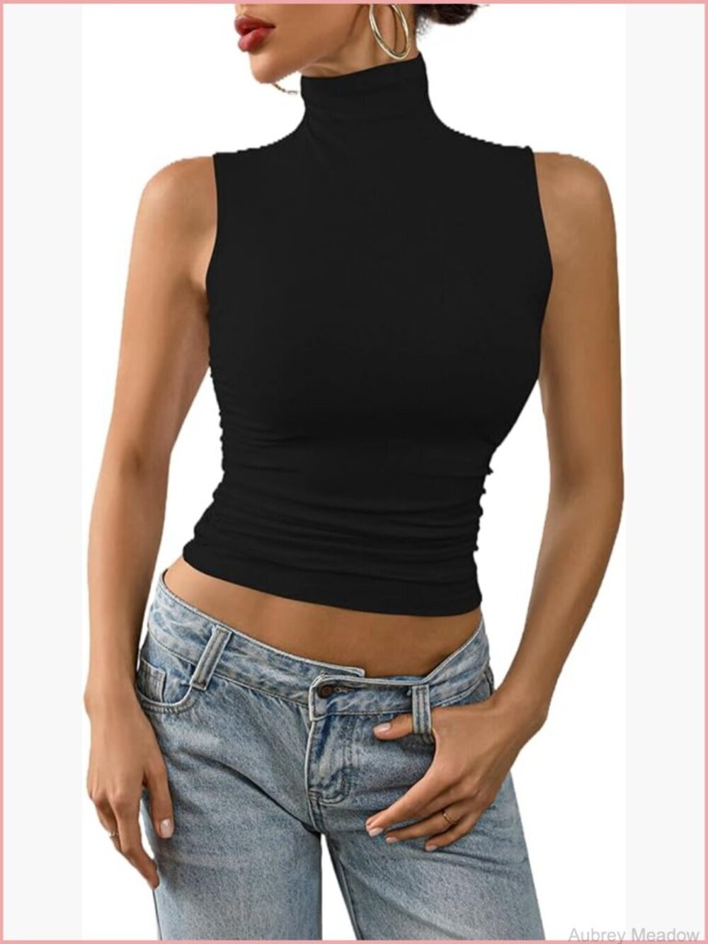 Sleeveless Mock Neck Crop Tank Top Ruched Stretch Y2K Slim Fit